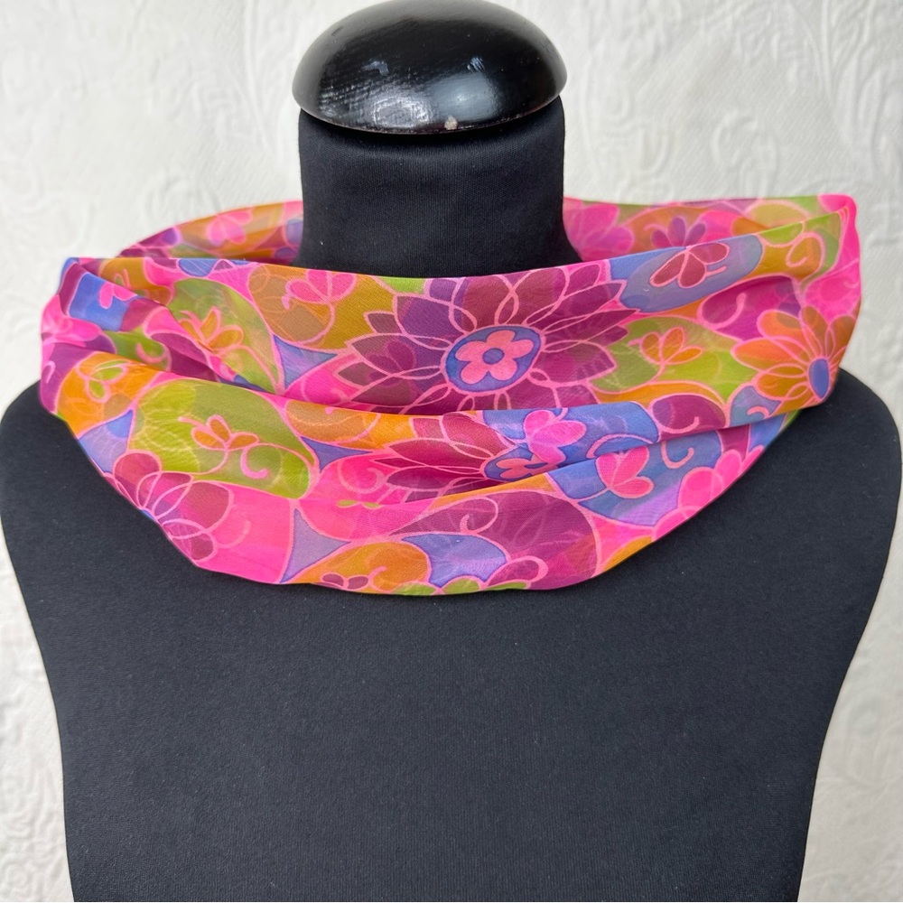 Vintage 60s Nylon Groovy Floral Infinity Neck Scarf
